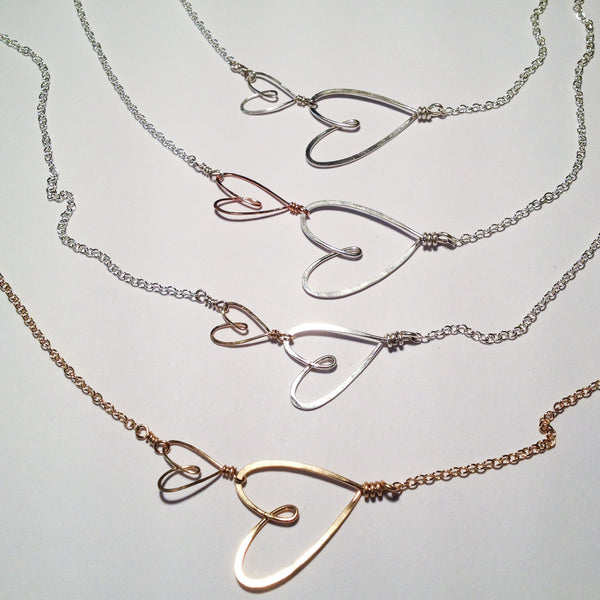 metal options for delicate 2 small hearts necklace with fine chain, Beth Jewelry