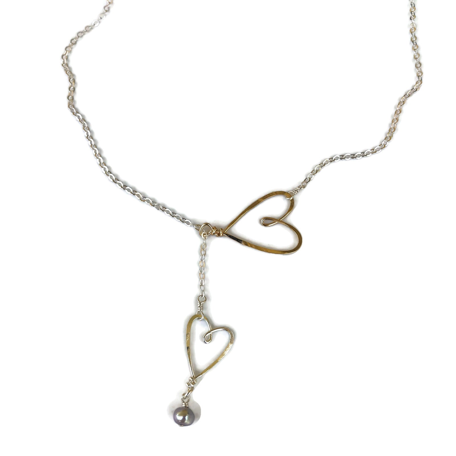 Beth Jewelry handmade 2 sliding hearts silver and gold necklace