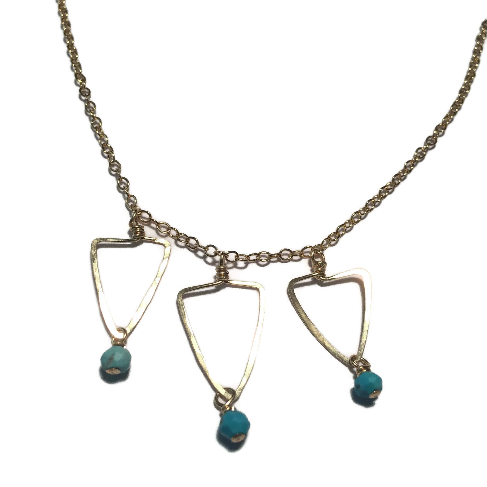 Beth Jewelry, handmade 3 dainty triangles necklace with turquoise