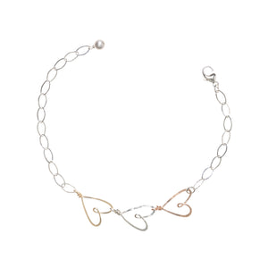 silver, rose & gold 3 handmade hearts bracelet, Beth Jewelry