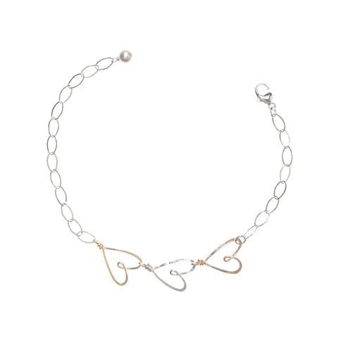 silver, rose & gold 3 handmade hearts bracelet, Beth Jewelry