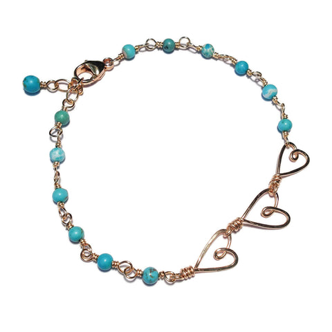 Beth Jewelry, handmade 3 tiny hearts wire-wrapped bracelet