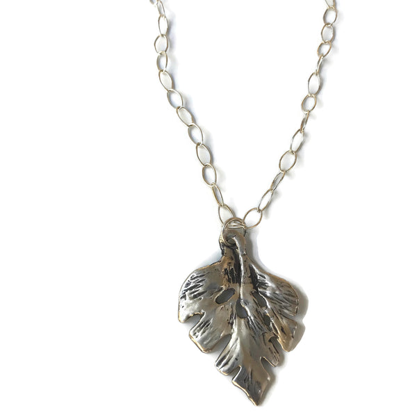 hand-sculpted silver leaf pendant on open link chain