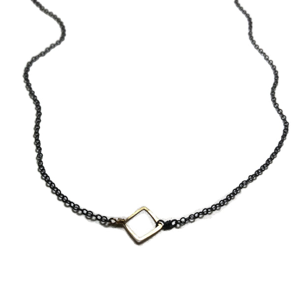beth jewelry delicate open square necklace on oxidized silver chain with gold square