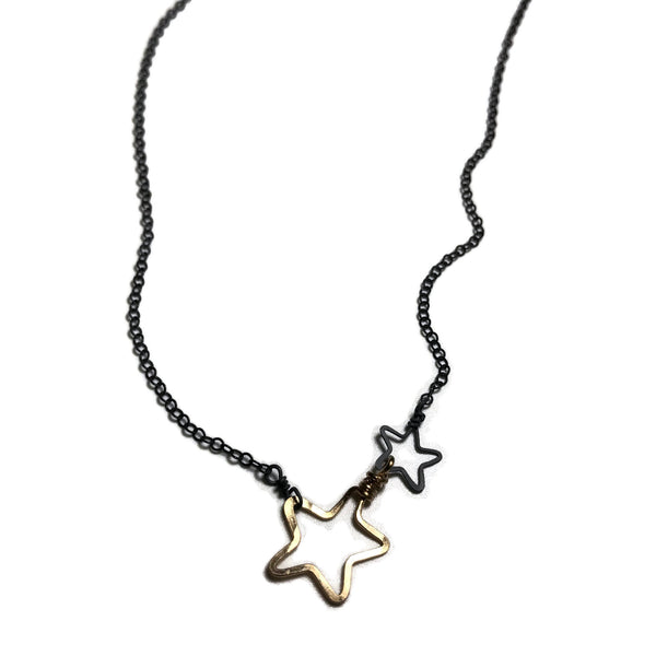 beth jewelry delicate oxidized, black & gold necklace with 2 open stars