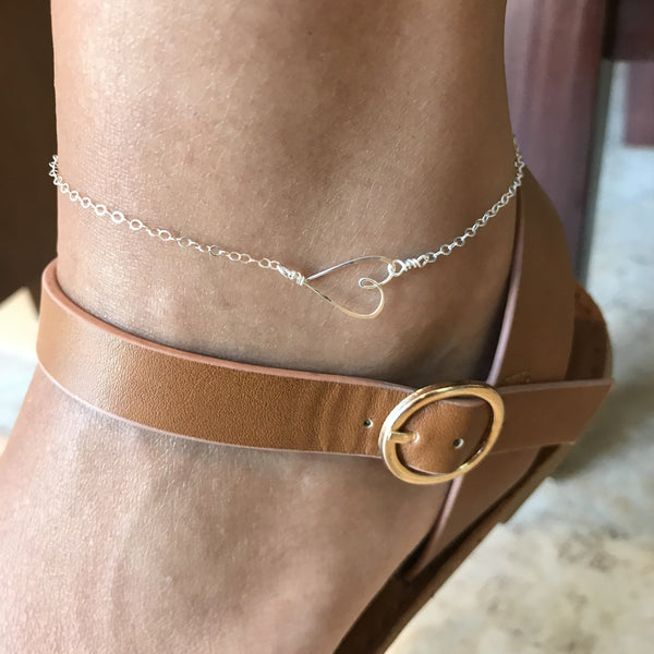 Beth Jewelry, delicate handmade silver sideways heart anklet with brown sandal