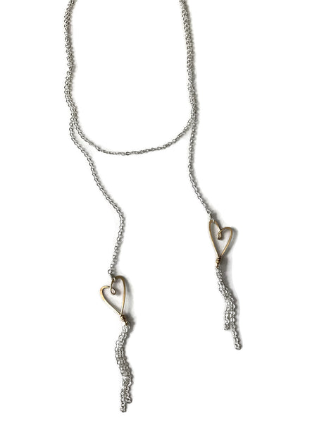 open hearts with fringed chained, mixed metal lariat, Beth Jewelry