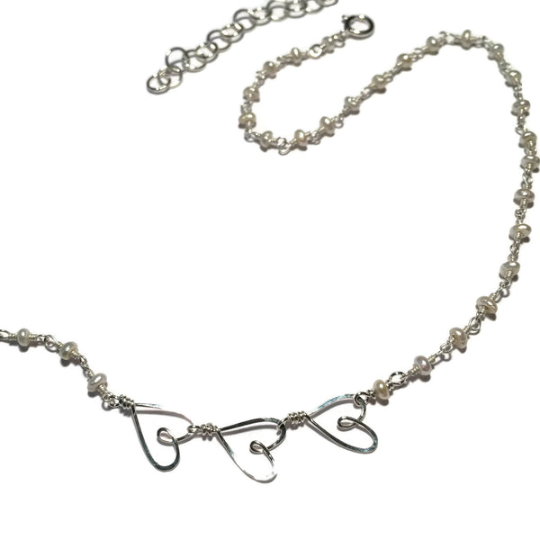 Beth Jewelry, handmade pearl 3 tiny hearts necklace