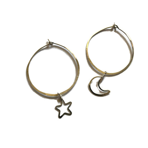 hammered hoop earrings with mismatched crescent moon and star charms, beth jewelry, silver,  gold, rose gold