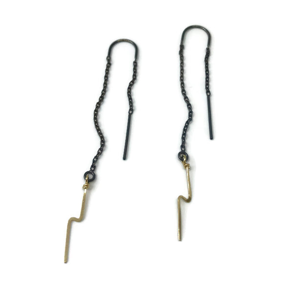 Beth Jewelry, tiny lightning bolt threader earrings, oxidized and gold