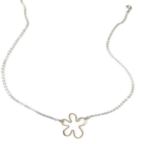 mixed metal tiny flower necklace, gold and silver, handmade by Beth Jewelry