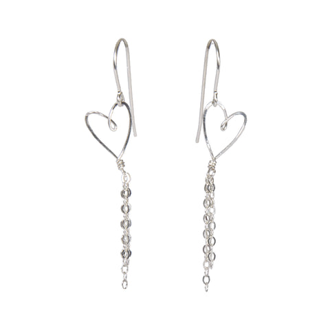 sterling silver delicate handmade heart earrings with dangly chain